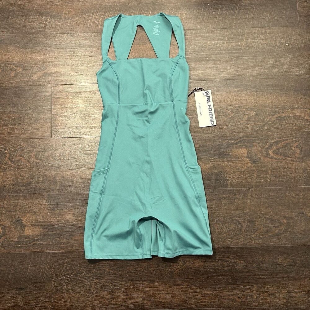 NWT Girlfriend Collective Bodysuit Sz Medium Open Back Unitard Teal Blue Green